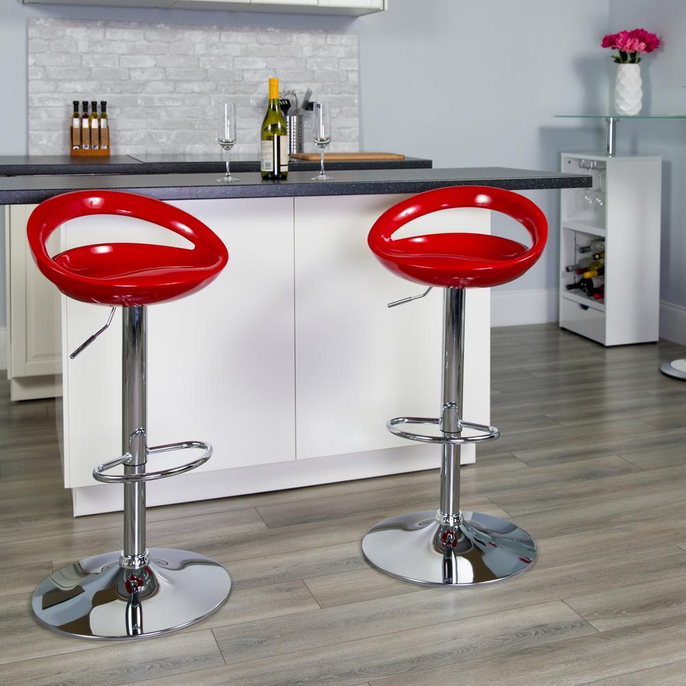 Contemporary Red Plastic Adjustable Height Barstool with Rounded Cutout Back and Chrome Base. Picture 6