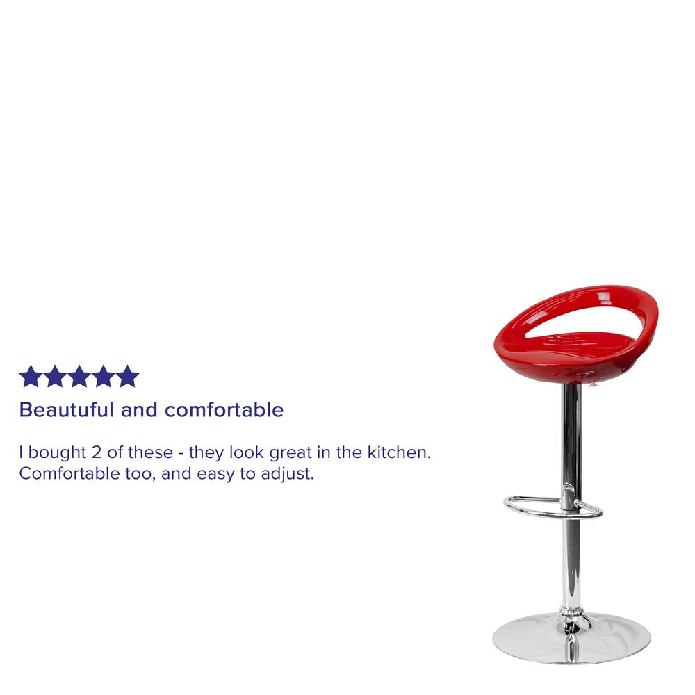 Contemporary Red Plastic Adjustable Height Barstool with Rounded Cutout Back and Chrome Base. Picture 7