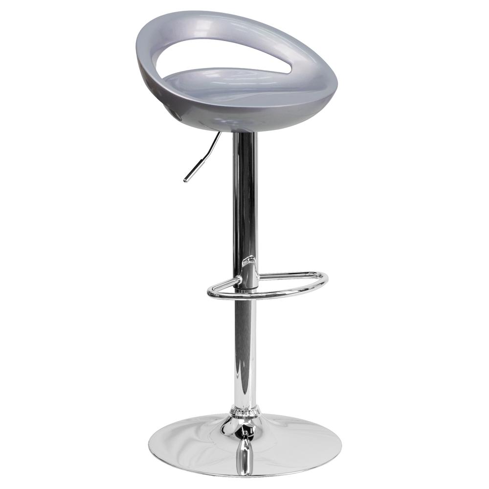 Contemporary Silver Plastic Adjustable Height Barstool with Rounded Cutout Back and Chrome Base. Picture 1