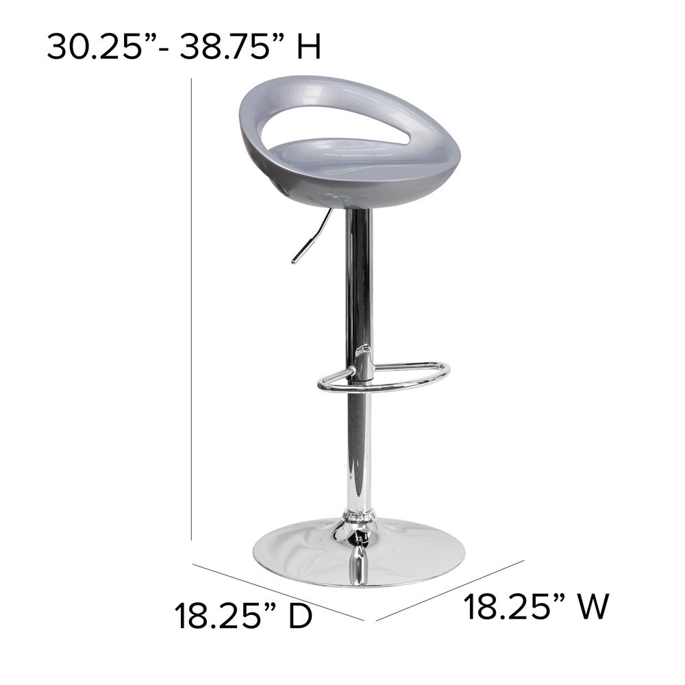 Contemporary Silver Plastic Adjustable Height Barstool with Rounded Cutout Back and Chrome Base. Picture 2