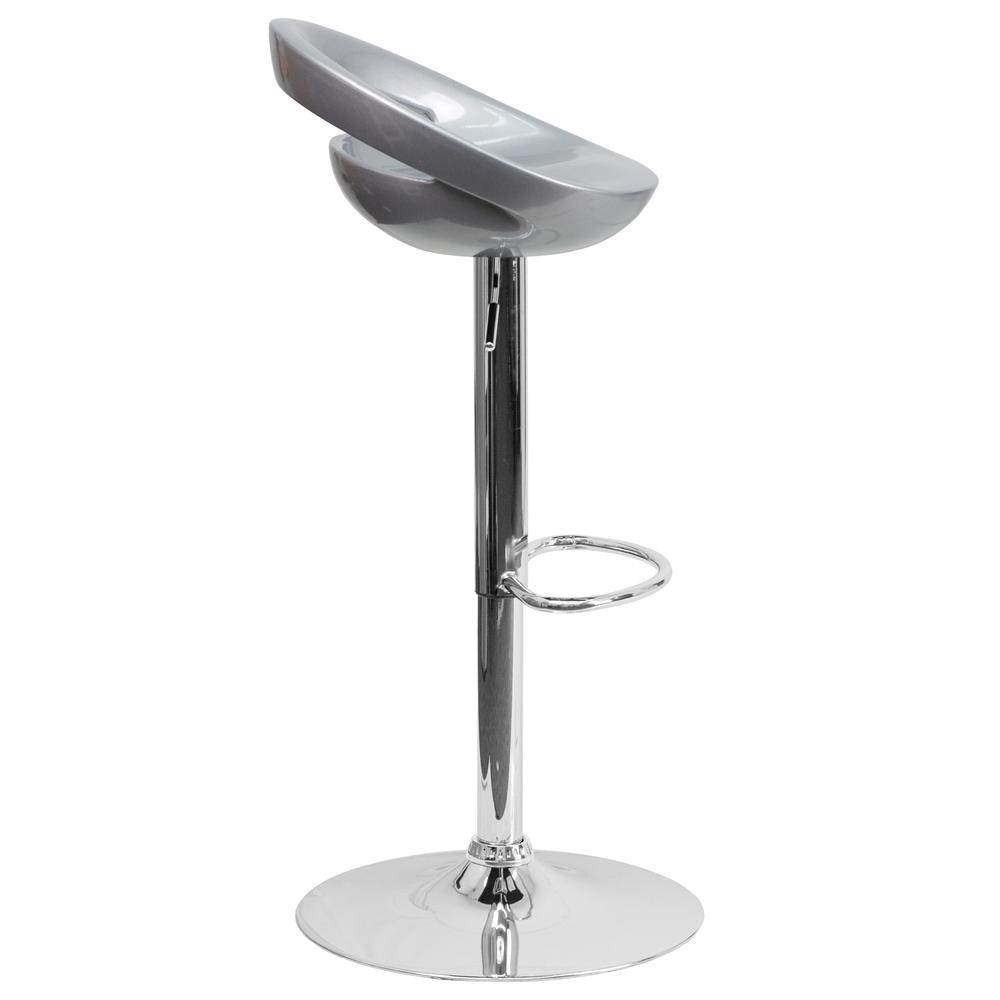 Contemporary Silver Plastic Adjustable Height Barstool with Rounded Cutout Back and Chrome Base. Picture 3