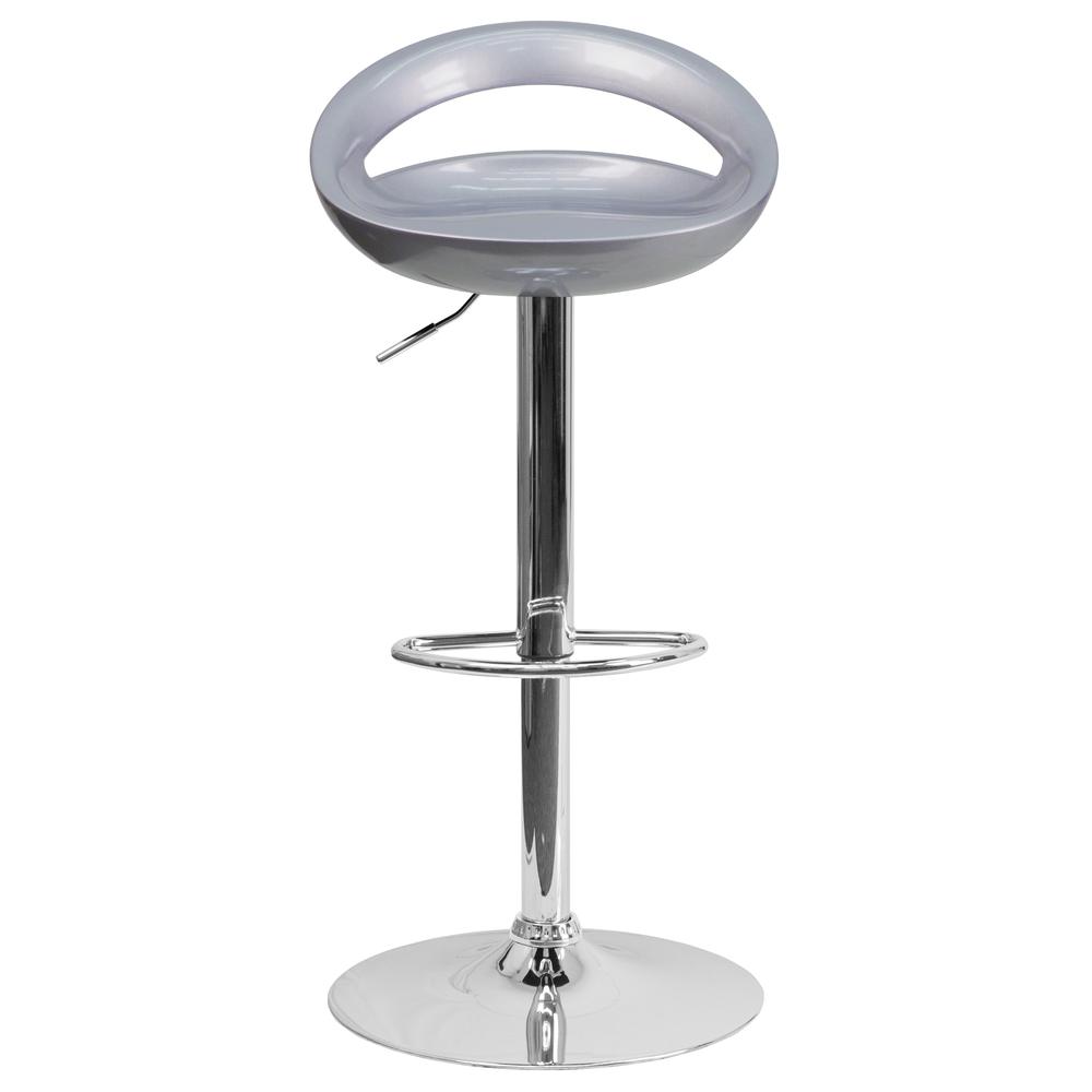 Contemporary Silver Plastic Adjustable Height Barstool with Rounded Cutout Back and Chrome Base. Picture 5