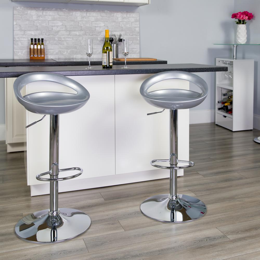 Contemporary Silver Plastic Adjustable Height Barstool with Rounded Cutout Back and Chrome Base. Picture 6