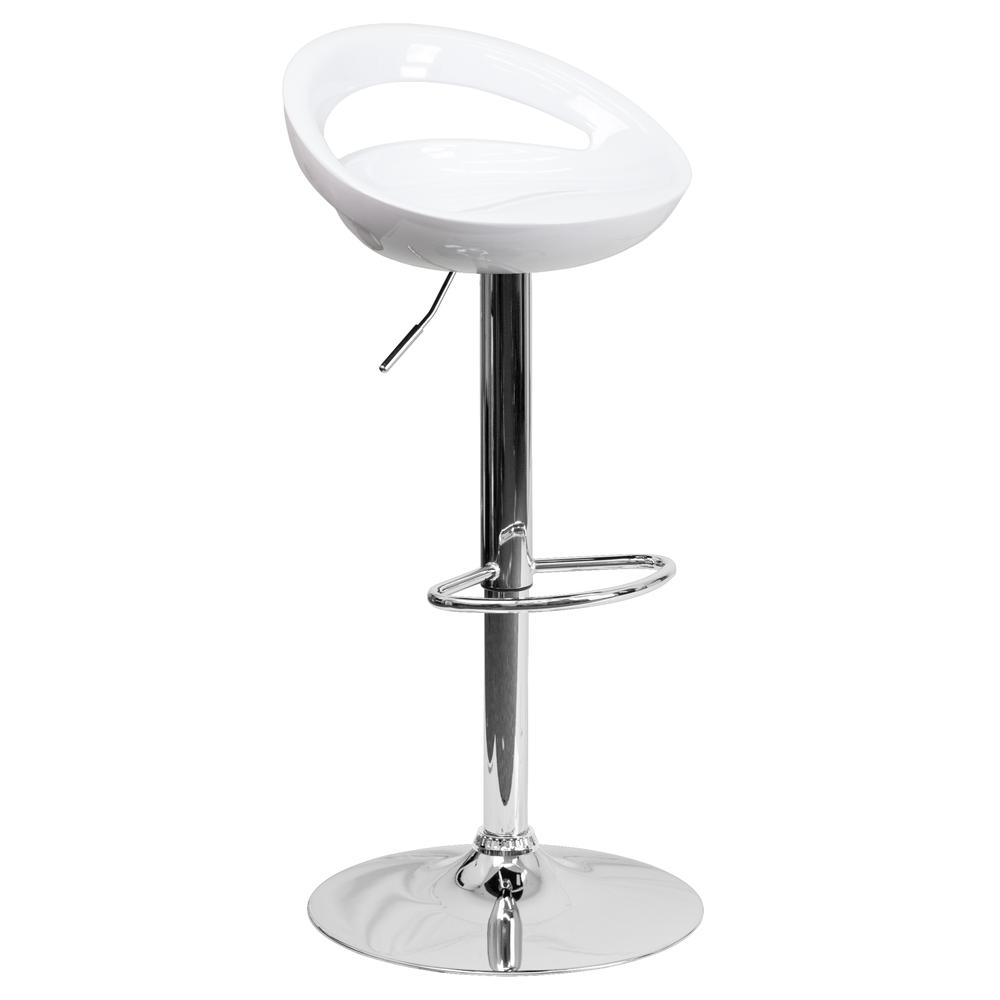 Contemporary White Plastic Adjustable Height Barstool with Rounded Cutout Back and Chrome Base. Picture 1