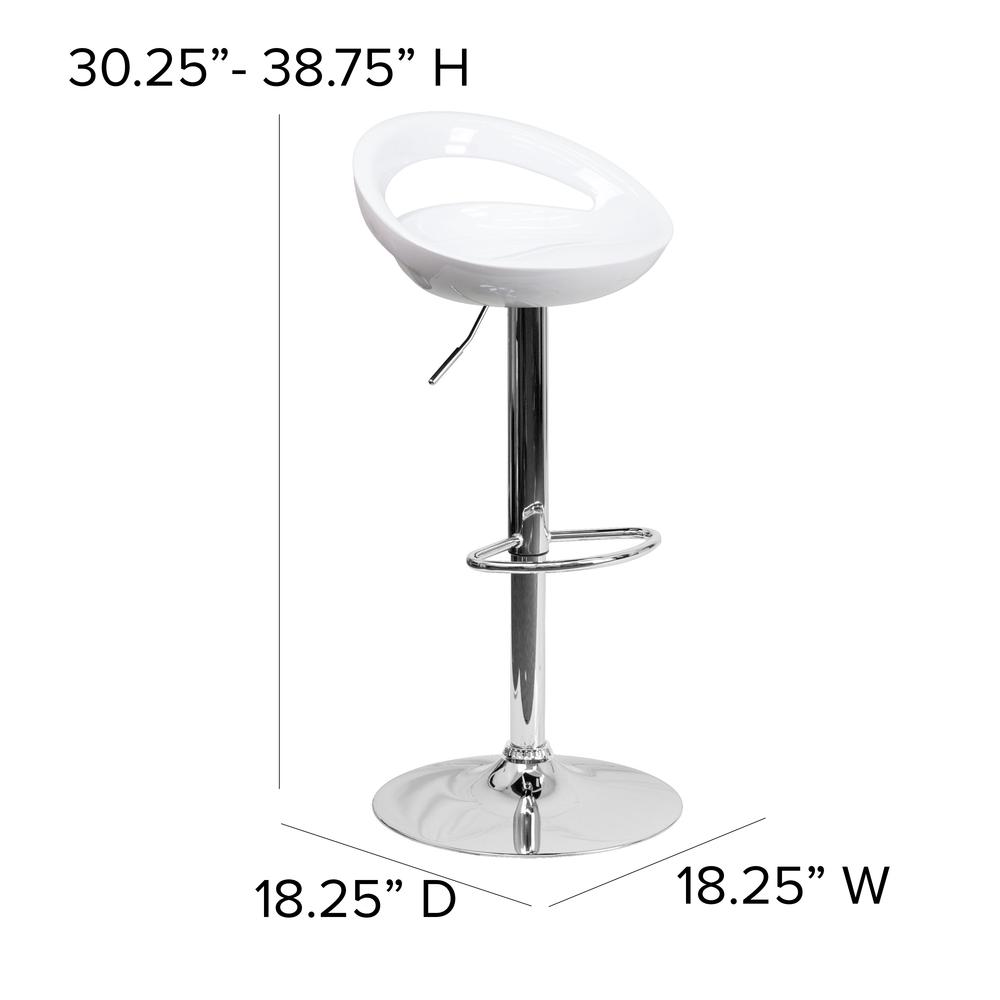 Contemporary White Plastic Adjustable Height Barstool with Rounded Cutout Back and Chrome Base. Picture 2