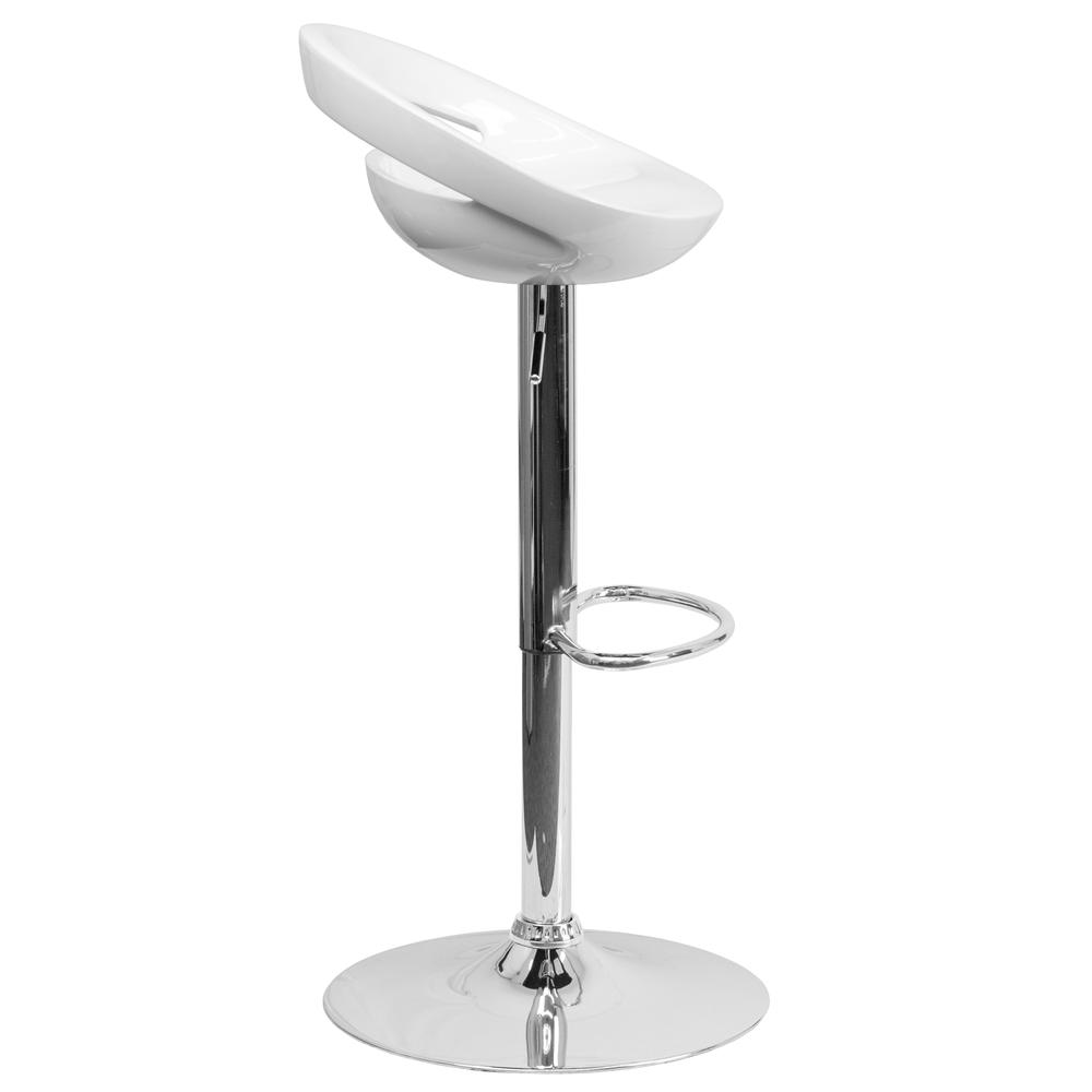 Contemporary White Plastic Adjustable Height Barstool with Rounded Cutout Back and Chrome Base. Picture 3