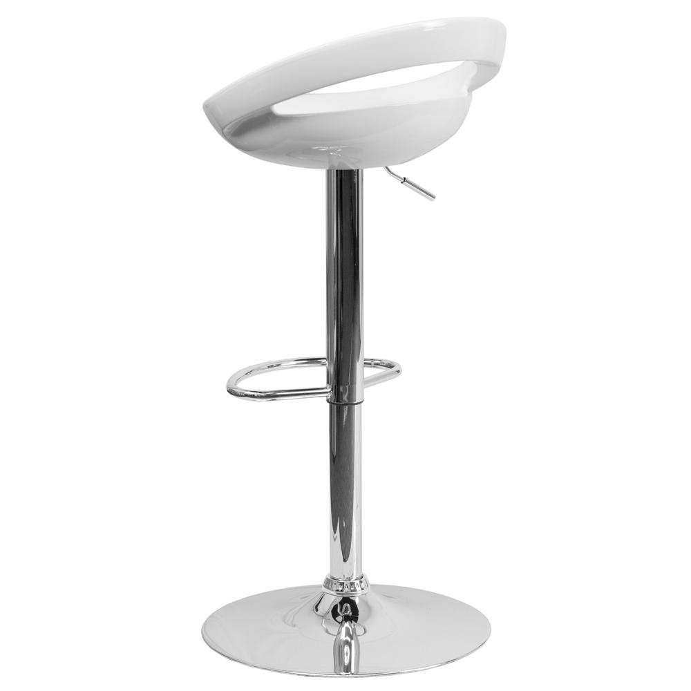 Contemporary White Plastic Adjustable Height Barstool with Rounded Cutout Back and Chrome Base. Picture 4
