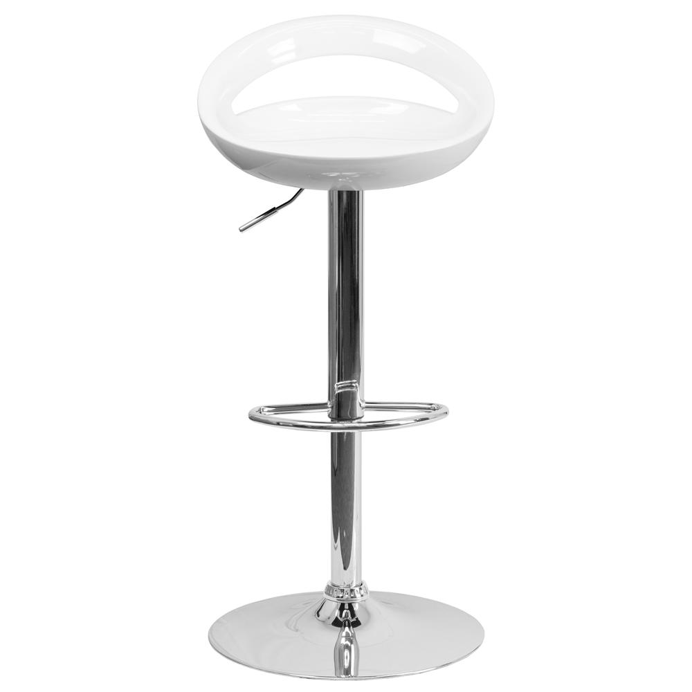 Contemporary White Plastic Adjustable Height Barstool with Rounded Cutout Back and Chrome Base. Picture 5