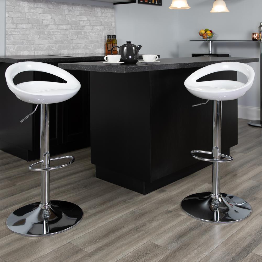 Contemporary White Plastic Adjustable Height Barstool with Rounded Cutout Back and Chrome Base. Picture 6