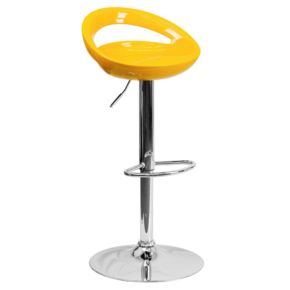 Contemporary Yellow Plastic Adjustable Height Barstool with Rounded Cutout Back and Chrome Base. Picture 1