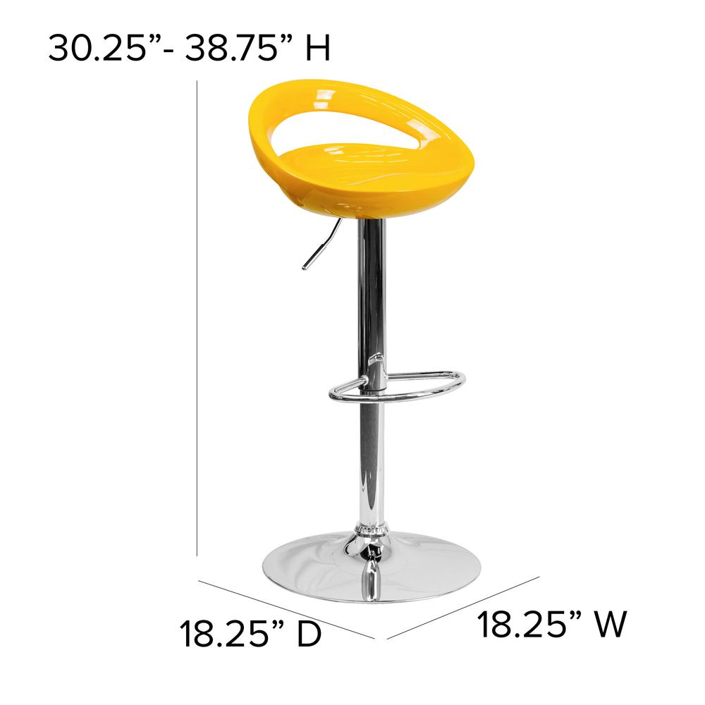 Contemporary Yellow Plastic Adjustable Height Barstool with Rounded Cutout Back and Chrome Base. Picture 2