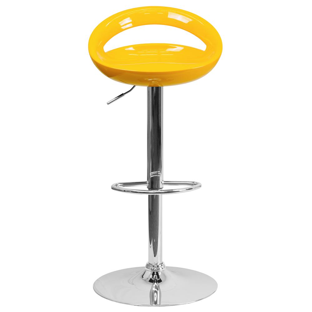 Contemporary Yellow Plastic Adjustable Height Barstool with Rounded Cutout Back and Chrome Base. Picture 5