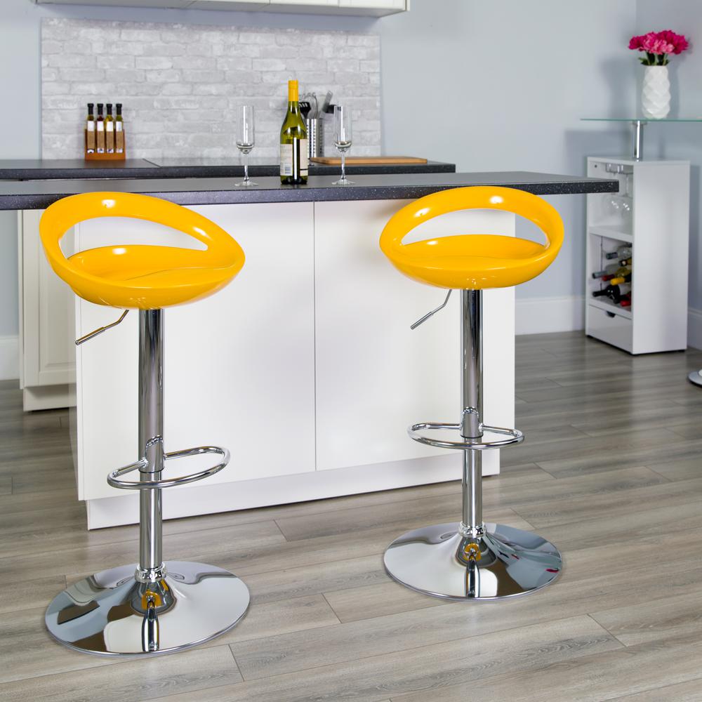 Contemporary Yellow Plastic Adjustable Height Barstool with Rounded Cutout Back and Chrome Base. Picture 6