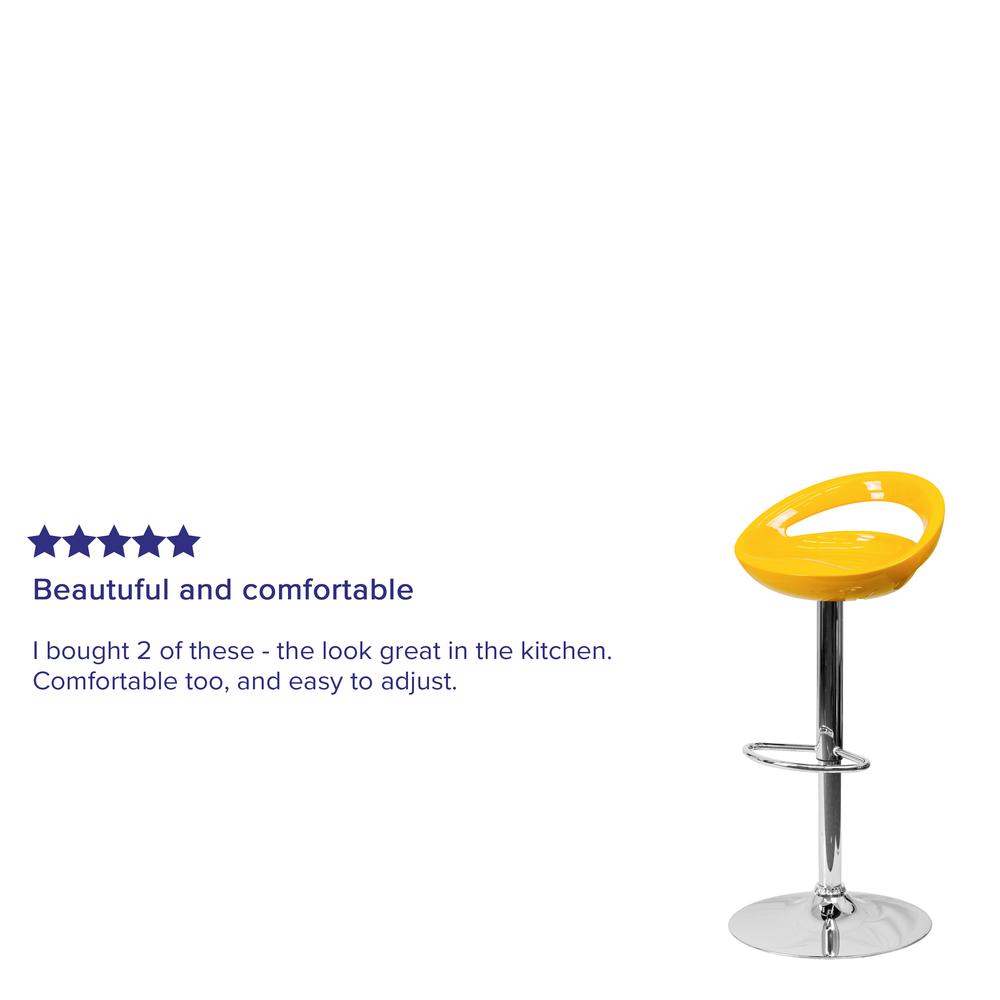 Contemporary Yellow Plastic Adjustable Height Barstool with Rounded Cutout Back and Chrome Base. Picture 7