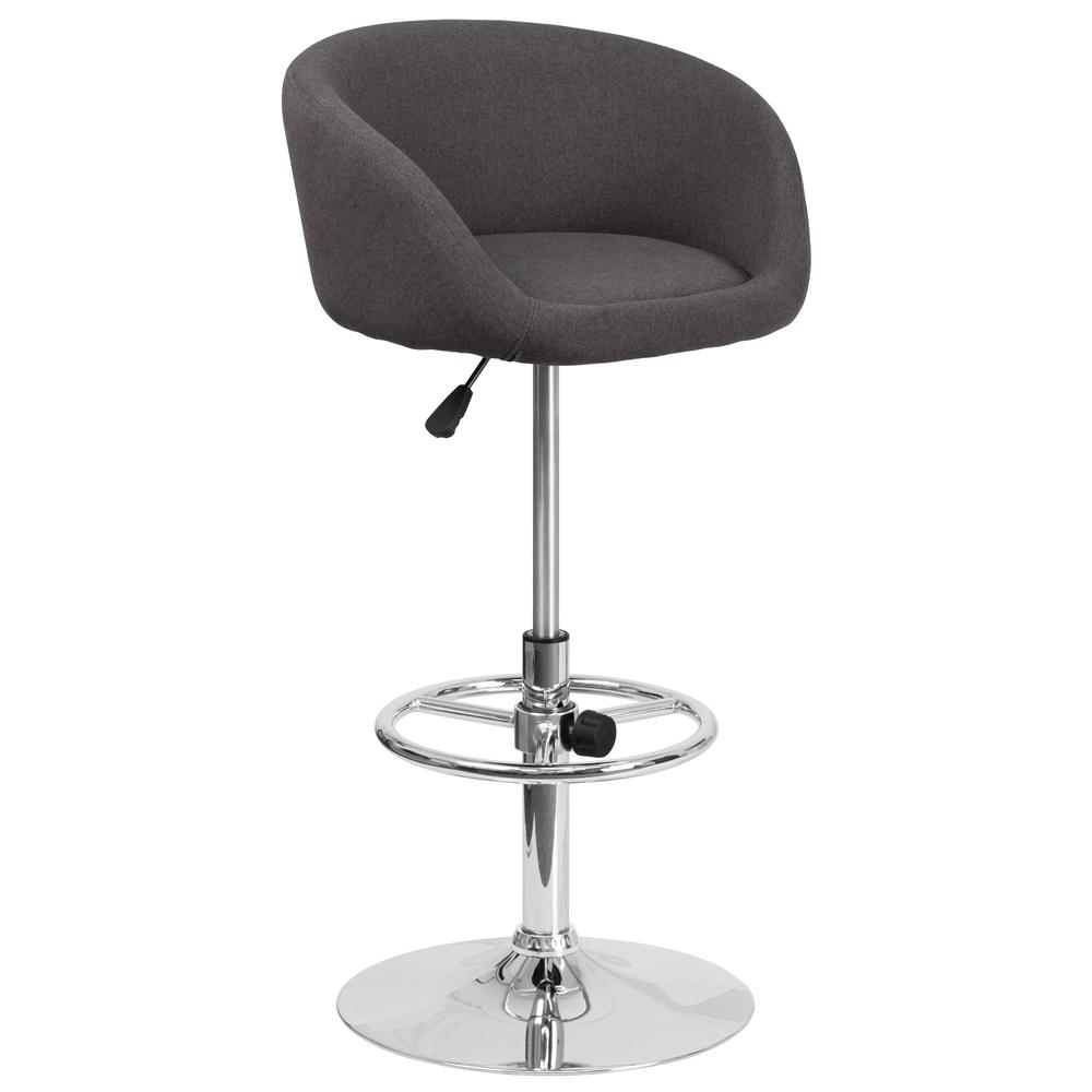 Contemporary Charcoal Fabric Adjustable Height Barstool with Barrel Back and Chrome Base. The main picture.