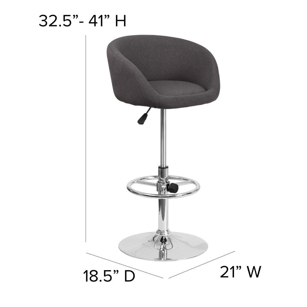 Contemporary Charcoal Fabric Adjustable Height Barstool with Barrel Back and Chrome Base. Picture 2
