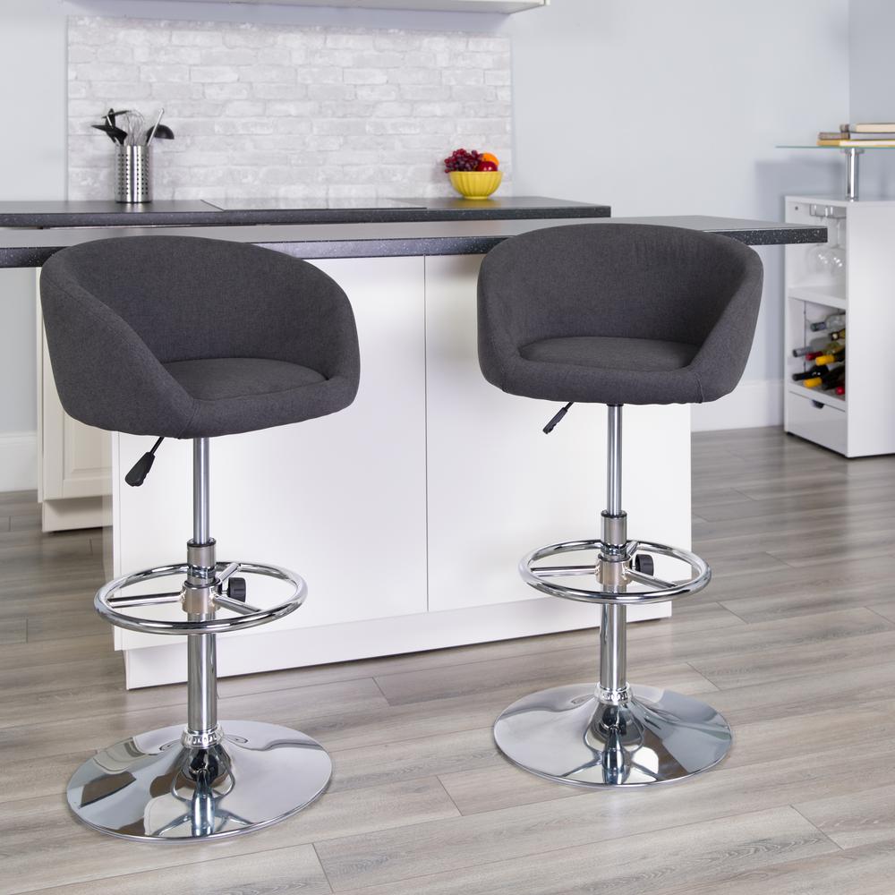 Contemporary Charcoal Fabric Adjustable Height Barstool with Barrel Back and Chrome Base. Picture 6