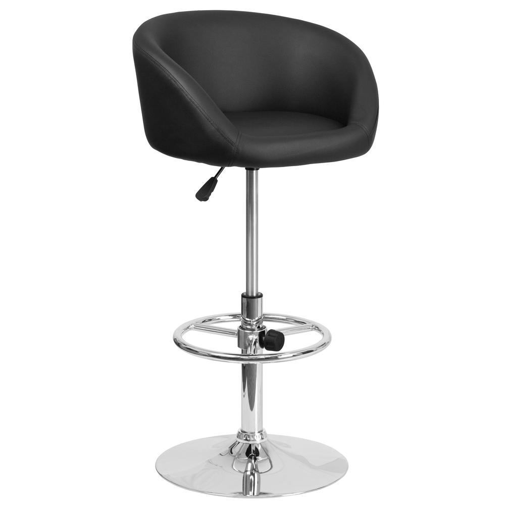Contemporary Black Vinyl Adjustable Height Barstool with Barrel Back and Chrome Base. Picture 1