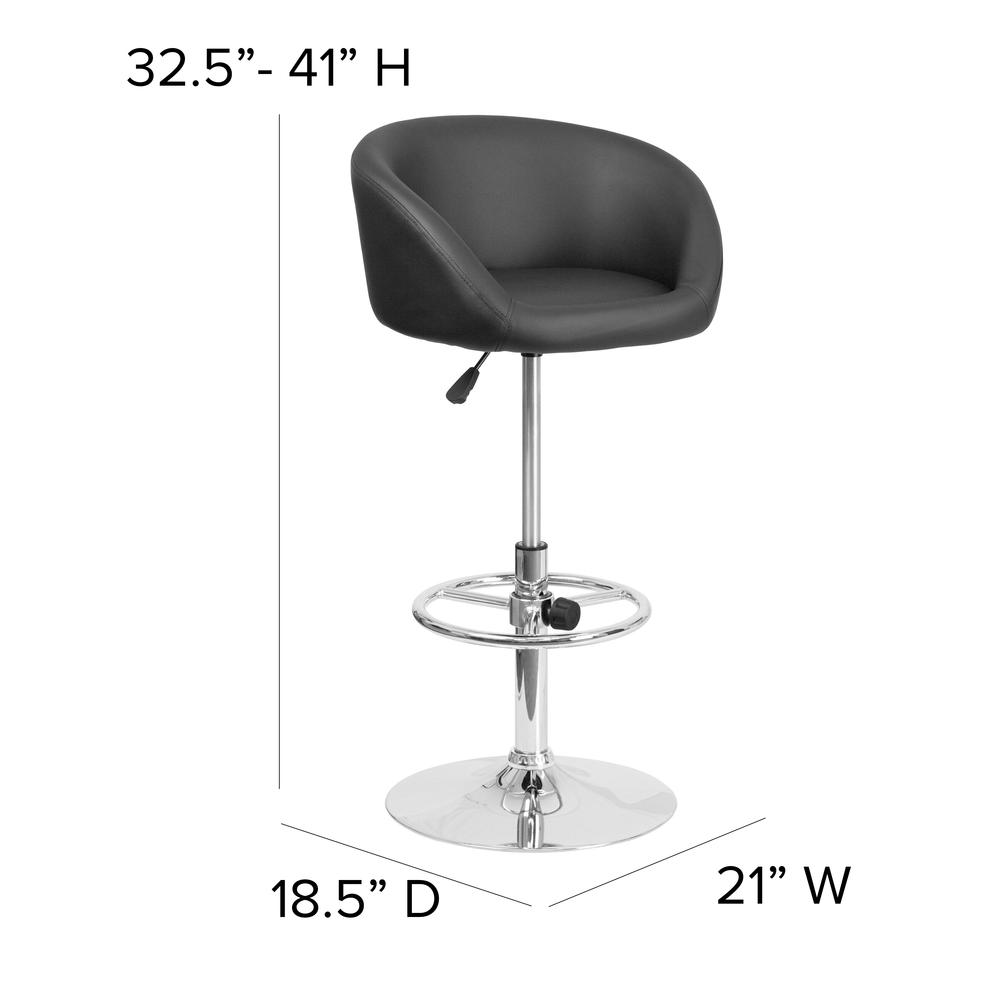 Contemporary Black Vinyl Adjustable Height Barstool with Barrel Back and Chrome Base. Picture 2