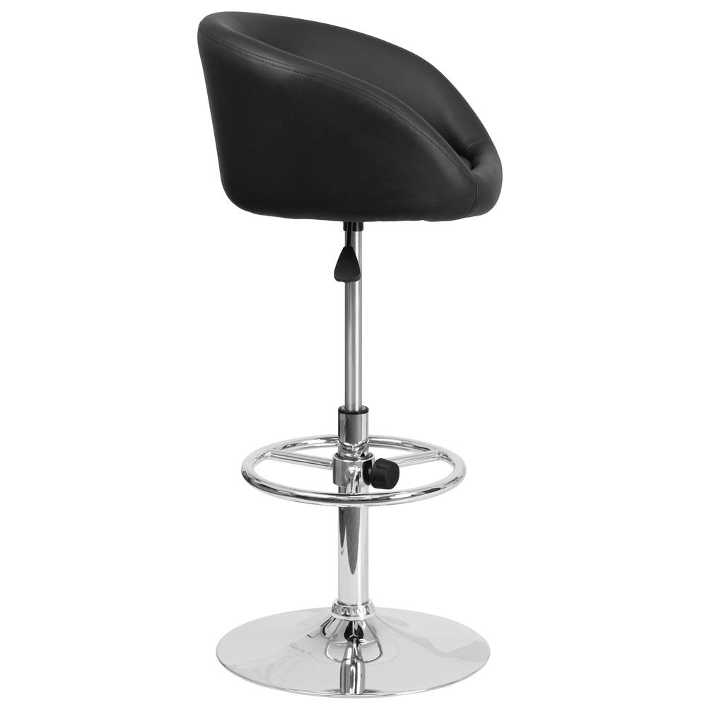 Contemporary Black Vinyl Adjustable Height Barstool with Barrel Back and Chrome Base. Picture 3