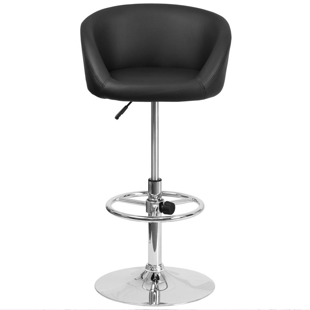 Contemporary Black Vinyl Adjustable Height Barstool with Barrel Back and Chrome Base. Picture 5