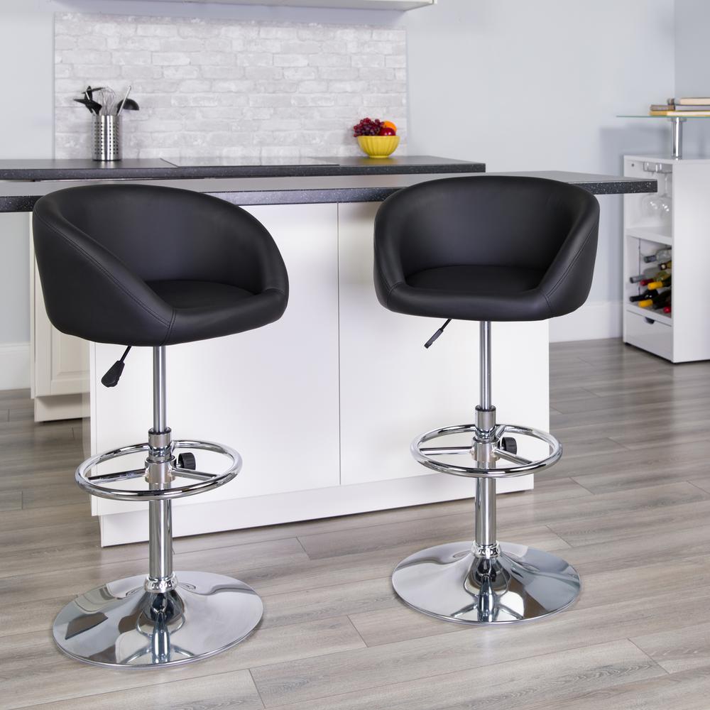 Contemporary Black Vinyl Adjustable Height Barstool with Barrel Back and Chrome Base. Picture 6