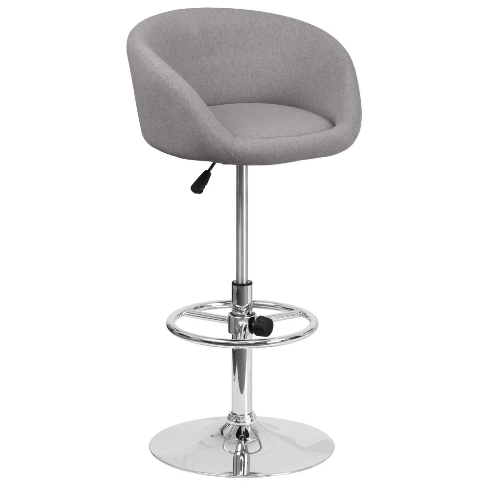 Contemporary Gray Fabric Adjustable Height Barstool with Barrel Back and Chrome Base. Picture 1