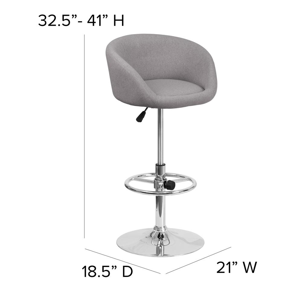 Contemporary Gray Fabric Adjustable Height Barstool with Barrel Back and Chrome Base. Picture 2