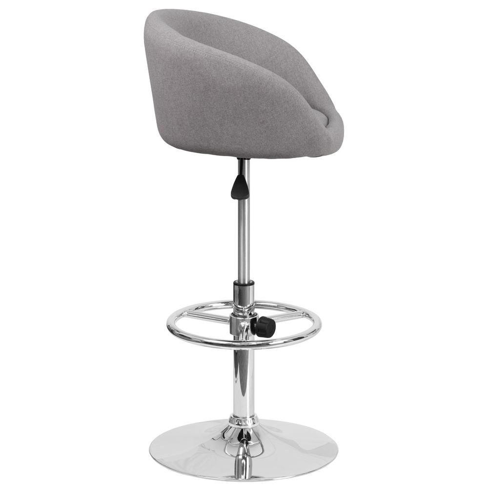 Contemporary Gray Fabric Adjustable Height Barstool with Barrel Back and Chrome Base. Picture 3