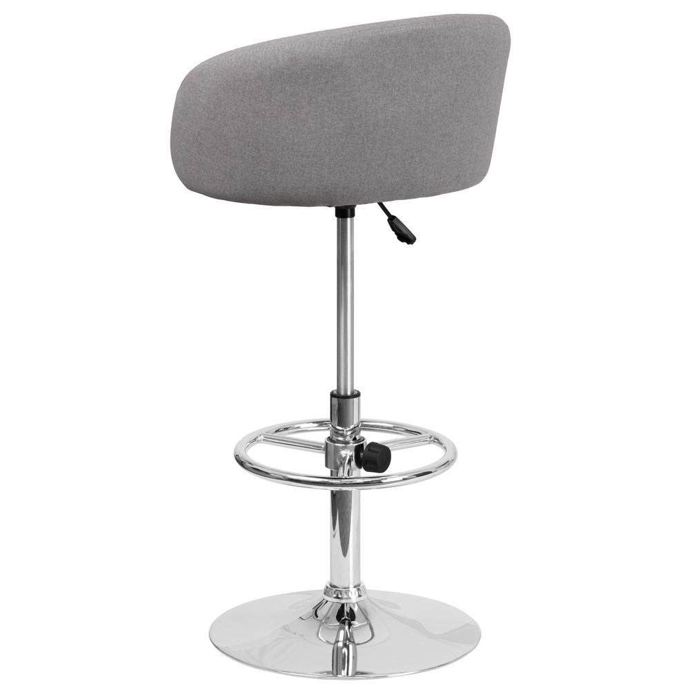 Contemporary Gray Fabric Adjustable Height Barstool with Barrel Back and Chrome Base. Picture 4