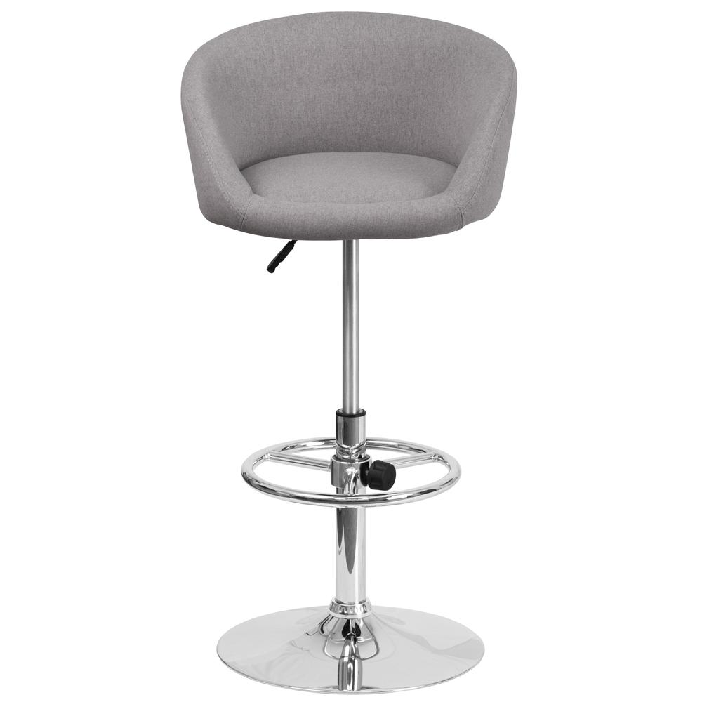 Contemporary Gray Fabric Adjustable Height Barstool with Barrel Back and Chrome Base. Picture 5