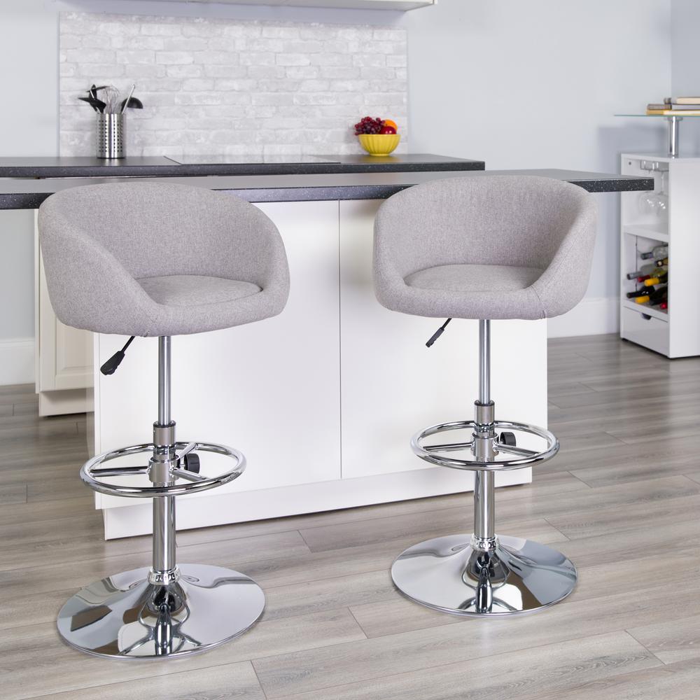 Contemporary Gray Fabric Adjustable Height Barstool with Barrel Back and Chrome Base. Picture 6