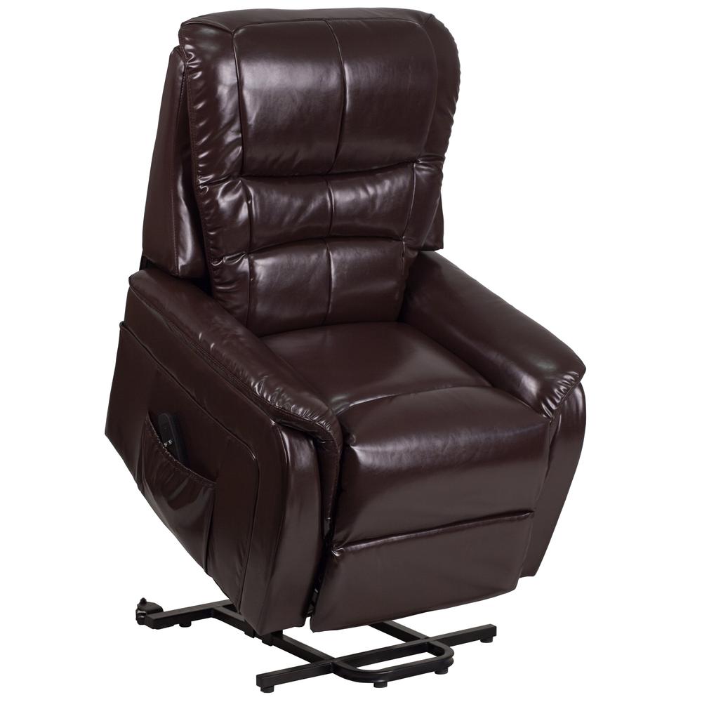 Brown LeatherSoft Remote Powered Lift Recliner for Elderly. Picture 1