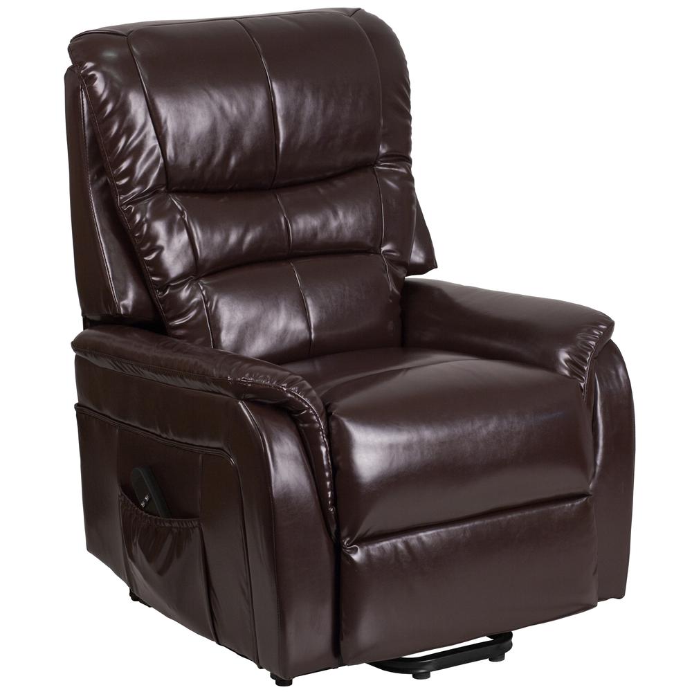 Brown LeatherSoft Remote Powered Lift Recliner for Elderly. Picture 3