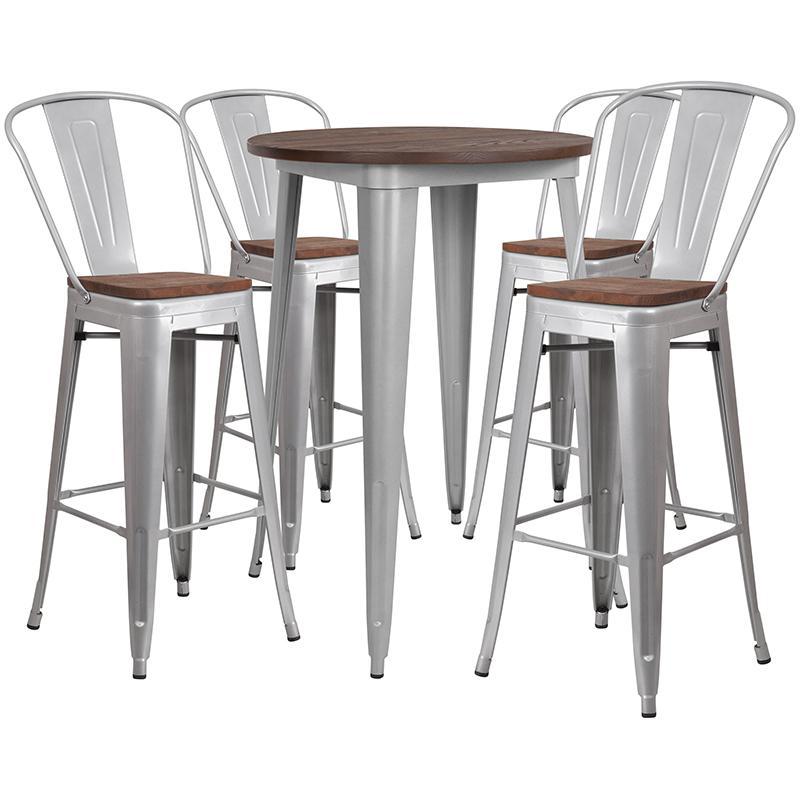 30" Round Silver Metal Bar Table Set with Wood Top and 4 Stools. The main picture.