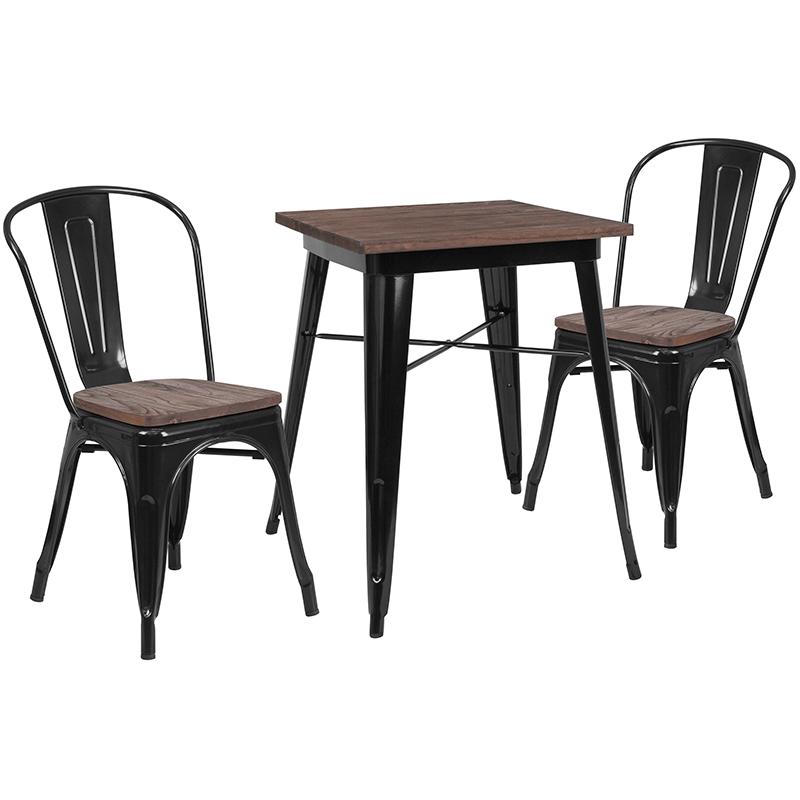 23.5" Square Black Metal Table Set with Wood Top and 2 Stack Chairs. The main picture.
