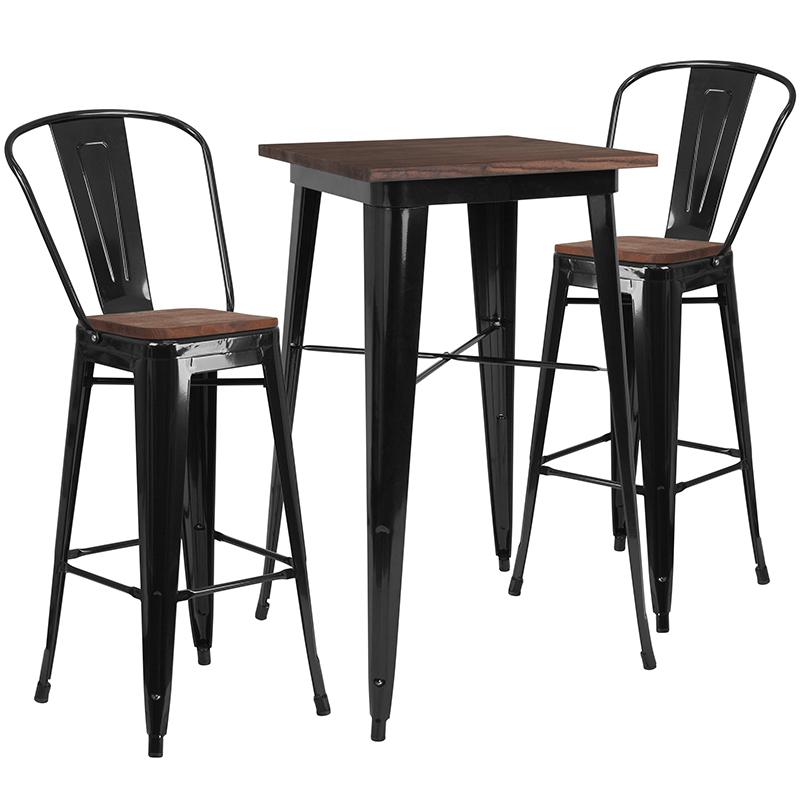 3.5" Square Black Metal Bar Table Set with Wood Top and 2 Stools. Picture 1