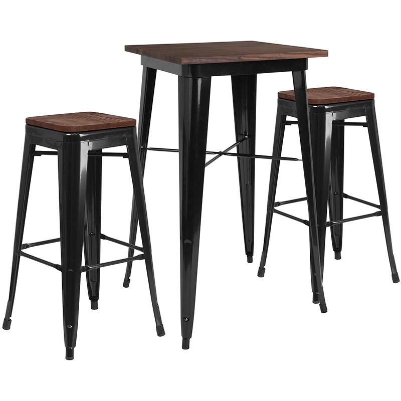 3.5" Square Black Metal Bar Table Set with Wood Top and 2 Backless Stools. Picture 1