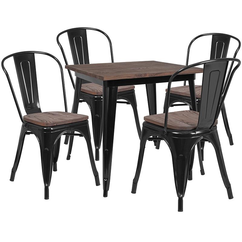 31.5" Square Black Metal Table Set with Wood Top and 4 Stack Chairs. The main picture.