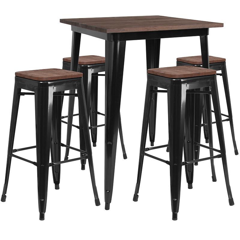 31.5" Square Black Metal Bar Table Set with Wood Top and 4 Backless Stools. The main picture.