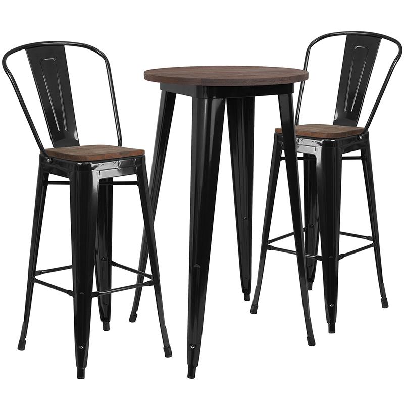 24" Round Black Metal Bar Table Set with Wood Top and 2 Stools. The main picture.