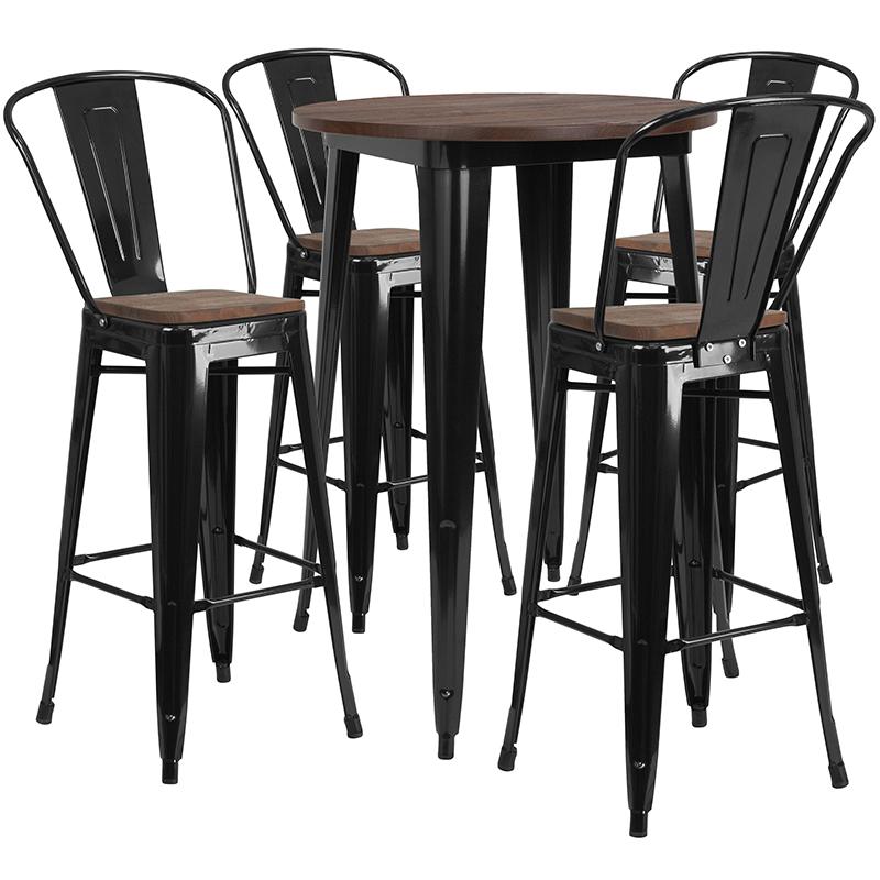 30" Round Black Metal Bar Table Set with Wood Top and 4 Stools. The main picture.