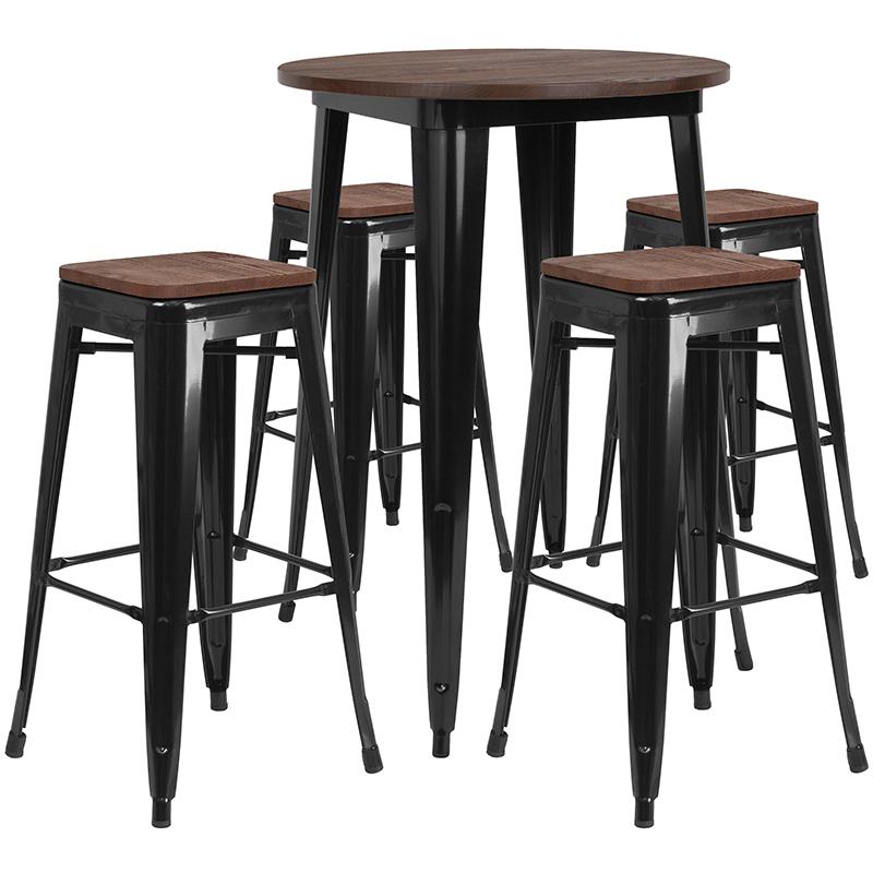 30" Round Black Metal Bar Table Set with Wood Top and 4 Backless Stools. Picture 1