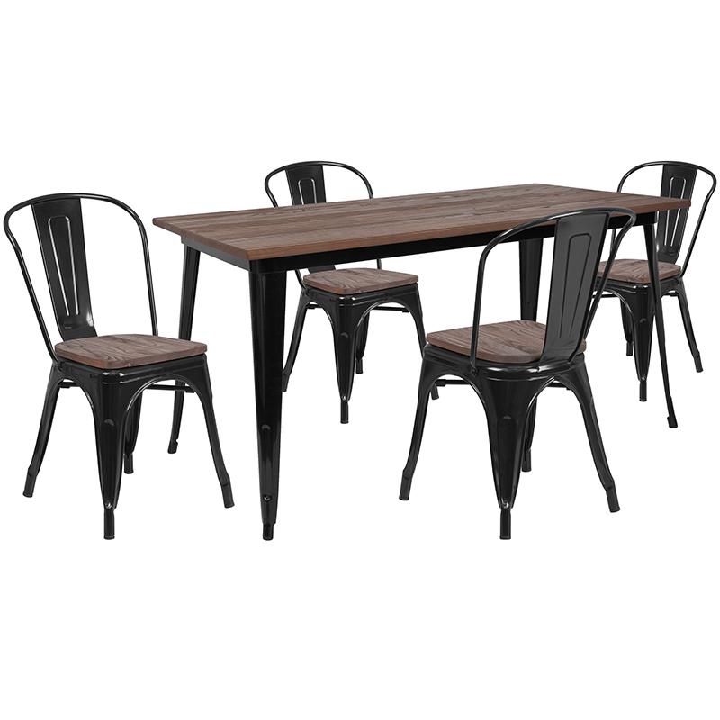0.25" x 60" Black Metal Table Set with Wood Top and 4 Stack Chairs. Picture 1