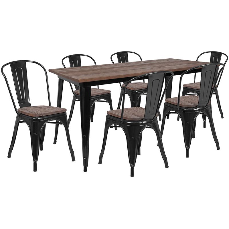 30.25" x 60" Black Metal Table Set with Wood Top and 6 Stack Chairs. Picture 1