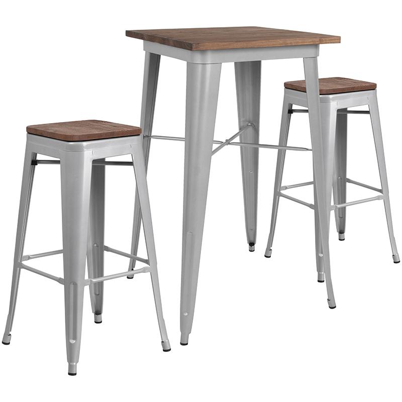 3.5" Square Silver Metal Bar Table Set with Wood Top and 2 Backless Stools. Picture 1