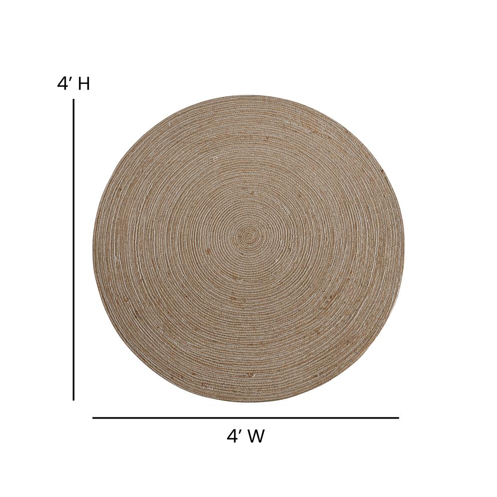 4 Foot Round Braided Design Natural Jute and Polyester Blend Indoor Area Rug. Picture 3