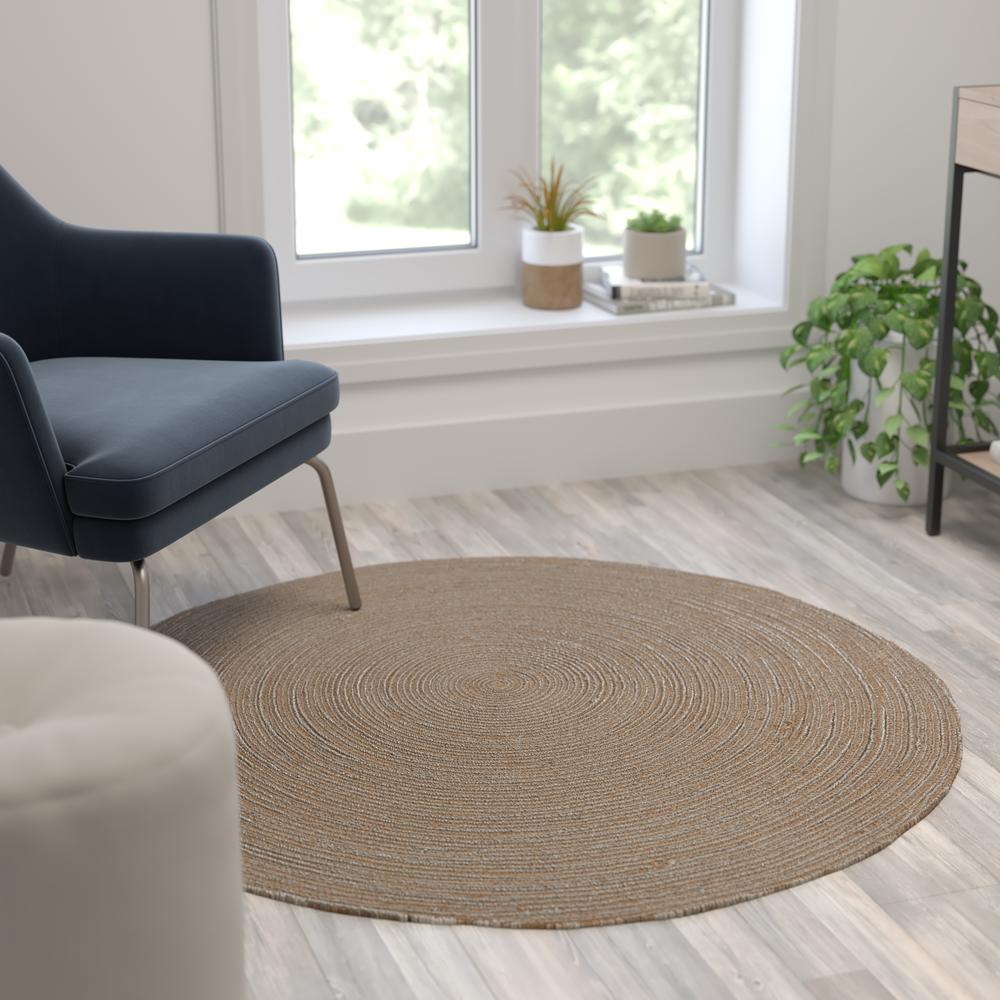 4 Foot Round Braided Design Natural Jute and Polyester Blend Indoor Area Rug. Picture 1