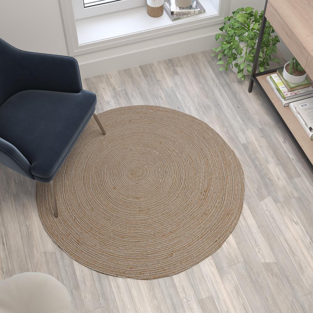 4 Foot Round Braided Design Natural Jute and Polyester Blend Indoor Area Rug. Picture 4