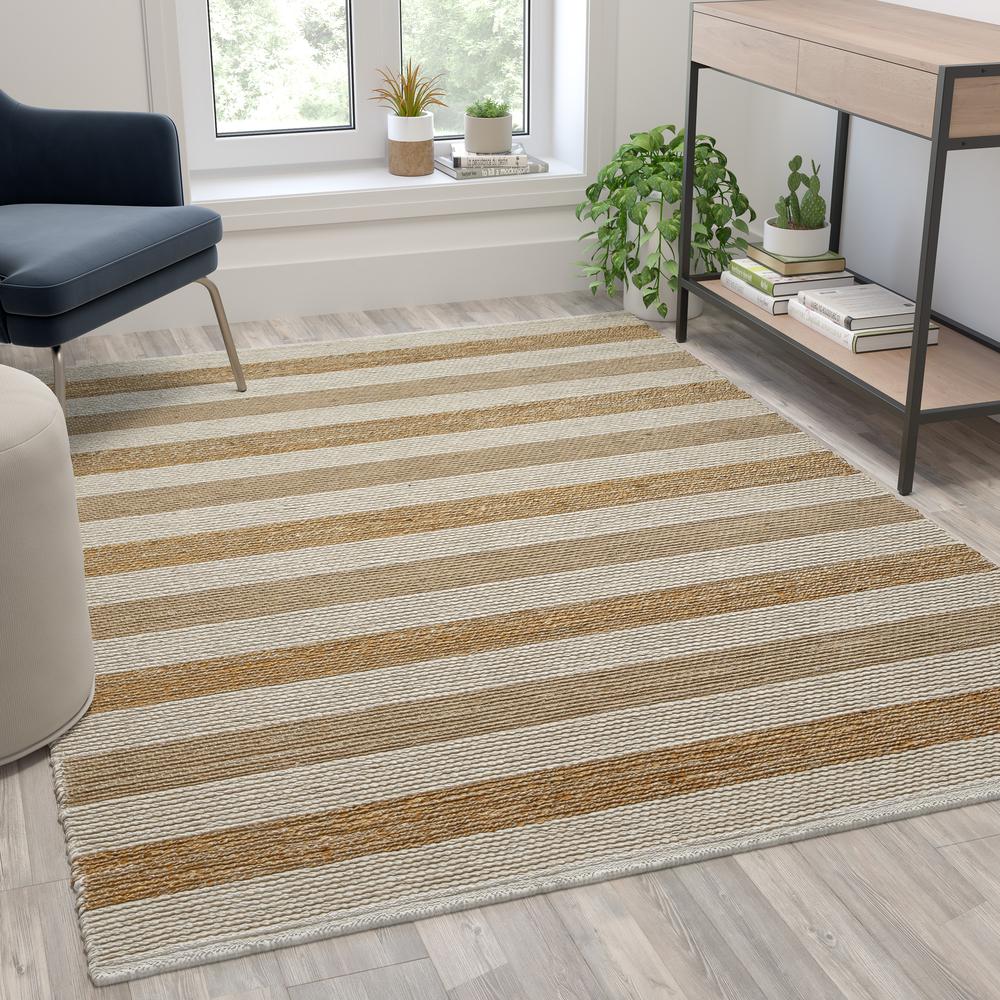 5' x 7' Handwoven Striped Jute Blend Area Rug in Natural Tones. Picture 1